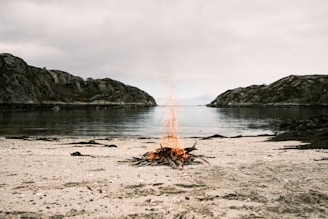 A small campfire burns on a sandy beach, with flames rising from a cluster of sticks and driftwood. The beach is set against a backdrop of rugged cliffs and a calm, wide body of water extending to the horizon.