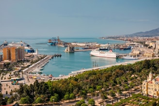 A panoramic view of the port bustling with various ships.