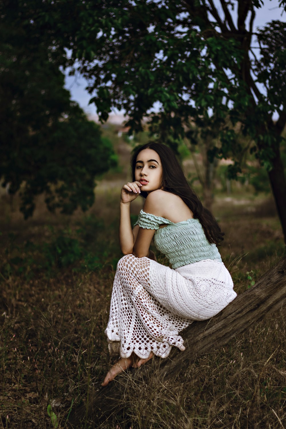 woman in white and blue dress sitting on brown tree trunk