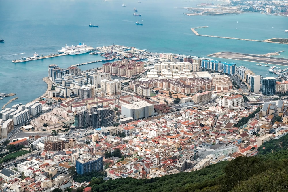 Vista aérea de los edificios de la ciudad cerca del cuerpo de agua durante el día