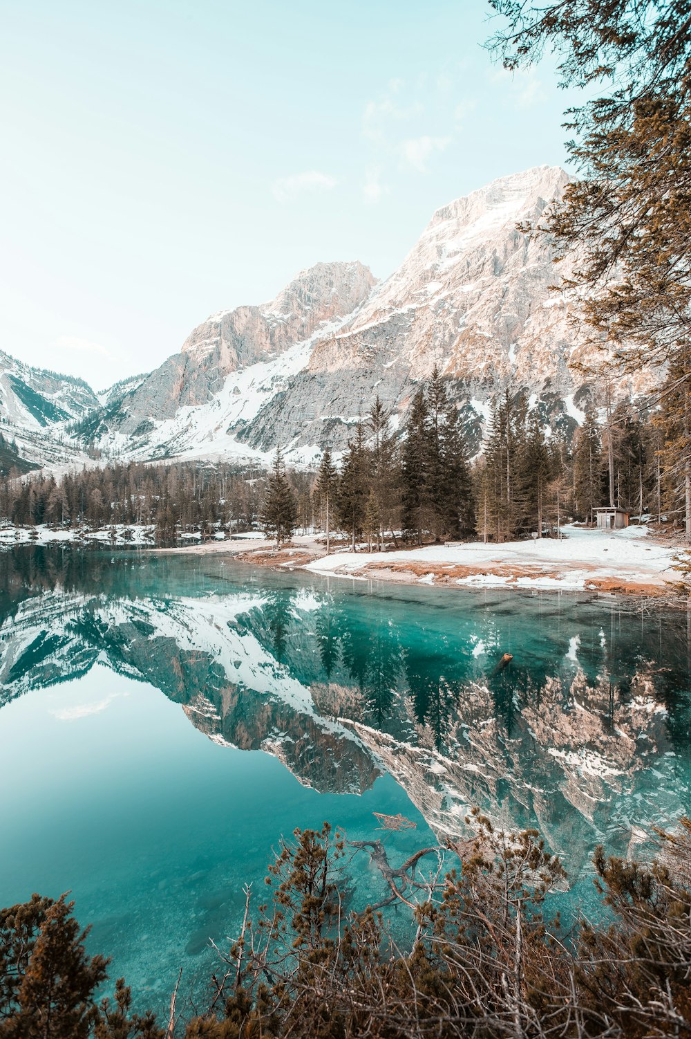 lake surrounded by trees and snow covered mountains during daytime