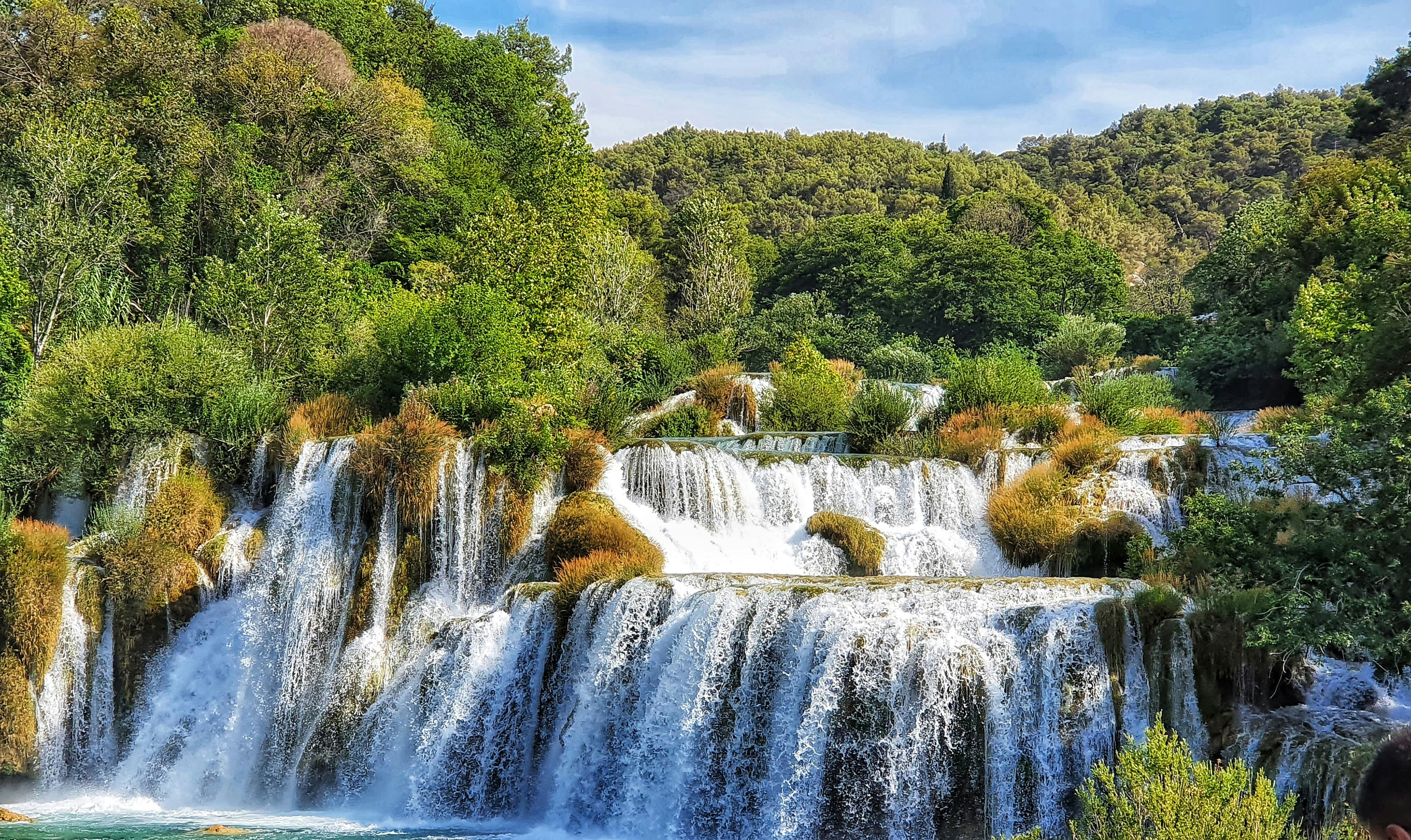 waterfalls in the middle of green trees, 