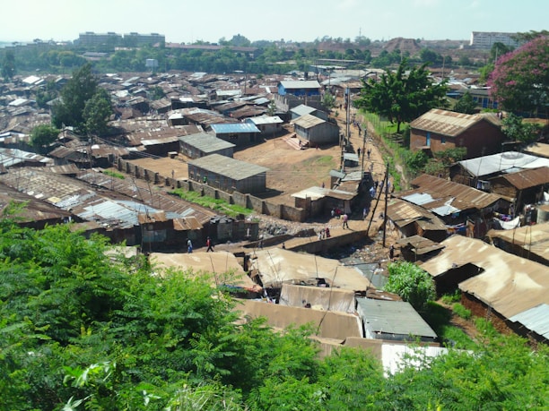 An aerial view of a densely populated informal settlement with rows of small, closely packed homes made of corrugated metal. The settlement is interspersed with narrow dirt pathways and some greenery, with trees and shrubs visible in the foreground and background. There are a few people walking along the pathways.