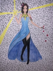 A stylized illustration of a woman in a flowing blue gown with intricate patterns, surrounded by a detailed background filled with floral motifs. The woman is depicted with short black hair and adorned with a decorative headpiece and accessories. Her arms are outstretched, holding rose petals, and she stands amidst radiating yellow lines that add a dynamic element to the composition.