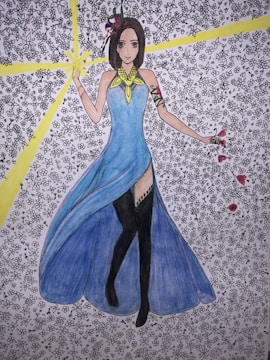 A stylized illustration of a woman in a flowing blue gown with intricate patterns, surrounded by a detailed background filled with floral motifs. The woman is depicted with short black hair and adorned with a decorative headpiece and accessories. Her arms are outstretched, holding rose petals, and she stands amidst radiating yellow lines that add a dynamic element to the composition.
