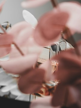 A blurred close-up of a perfume bottle, surrounded by pastel pink flowers. The bottle features a subtle label and elegant design, signifying a luxury brand. The soft focus on the flowers adds a dreamy, sophisticated feel.