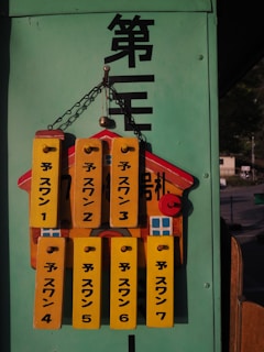 A set of yellow wooden tags with black text is hanging from a chain on a green background. The tags are labeled with a combination of Japanese characters and numbers. Each tag has a small circular hole at the top for hanging. The setup appears to be an organizational system or sign.