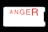 The image displays the word 'ANGER' in bold, uppercase red letters against a bright white background. The word is centered within the black frame of what appears to be a smartphone or digital device.
