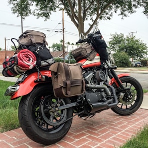 A motorcycle is parked on a brick pavement, heavily loaded with various brown and black bags and a rolled-up red, white, and black blanket. The background features green trees, a grassy lawn, some residential houses, and utility poles with power lines.