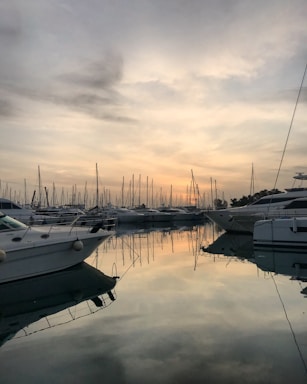 A welcoming marina at sunset with yachts gently bobbing in the water.