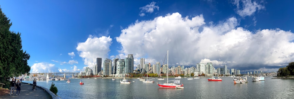 white and red boat on sea near city buildings under blue and white sunny cloudy sky