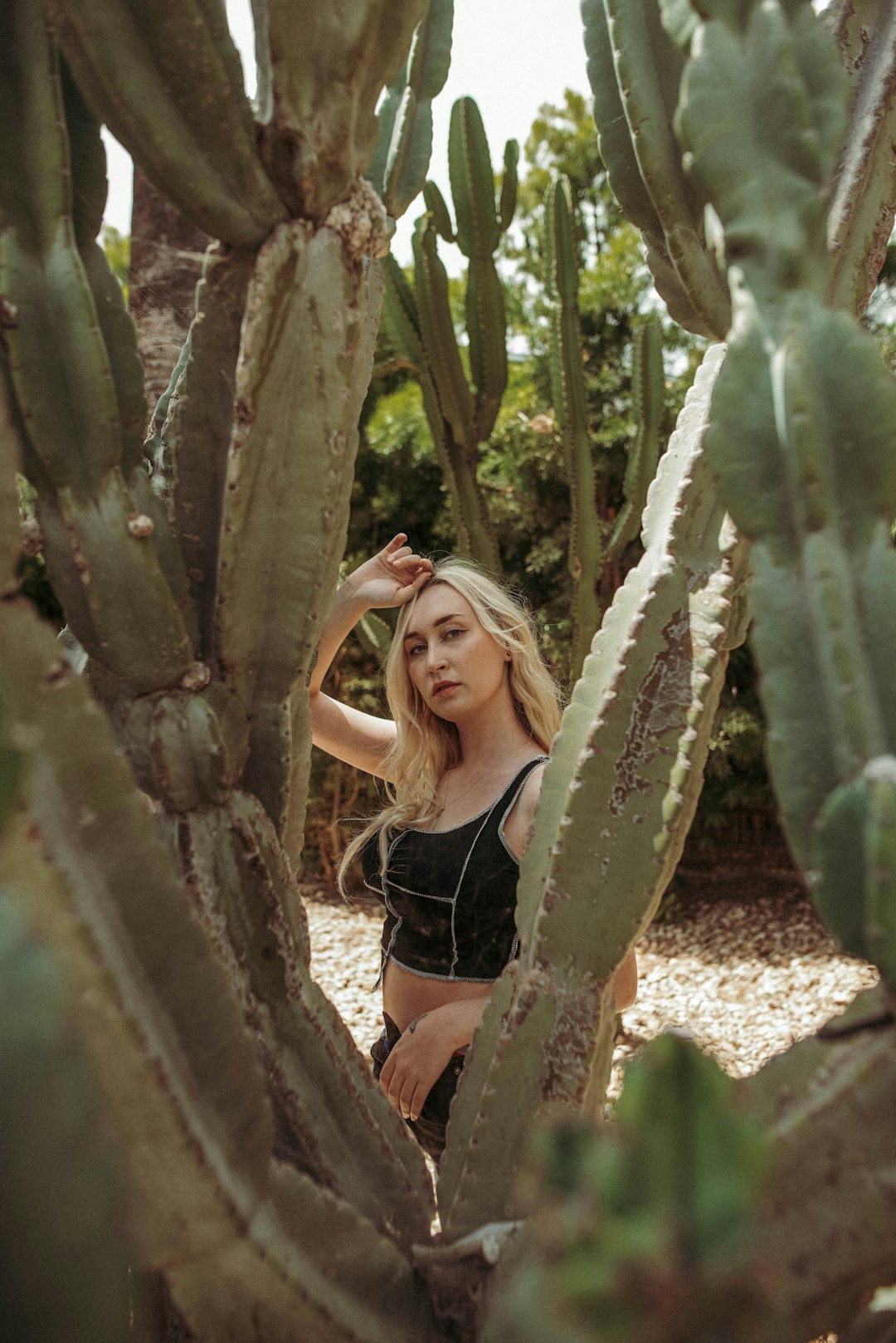 woman in black brassiere and black panty standing beside cactus plant