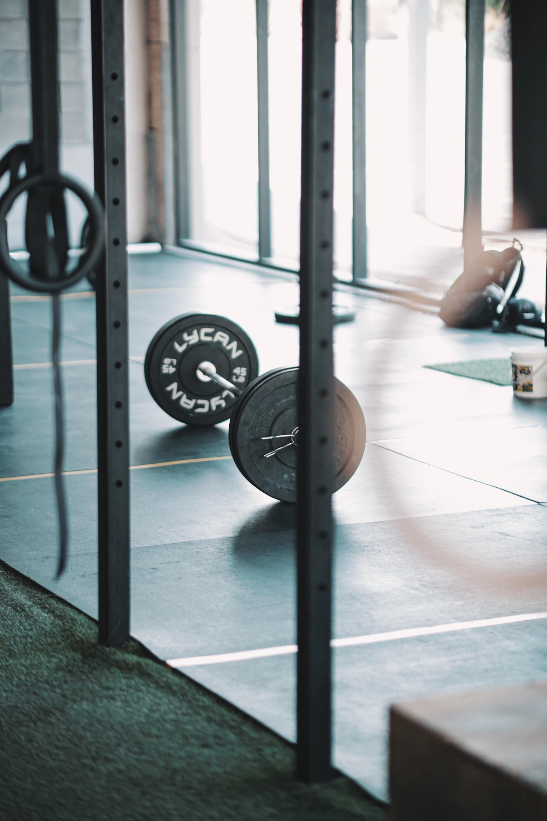 Gym with barbell and weight plates