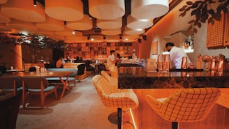 A warmly lit, modern bar with a cozy atmosphere, featuring grid-patterned chairs along a dark marble counter. There are people sitting and a bartender at work. The ceiling is adorned with large, circular acoustic panels, and the walls display various framed images. Ambient lighting enhances the relaxed mood, with some greenery adding to the decor.