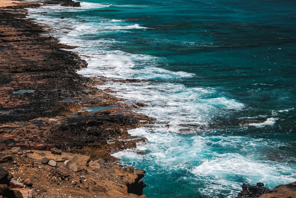 brown rocky shore with blue sea water during daytime