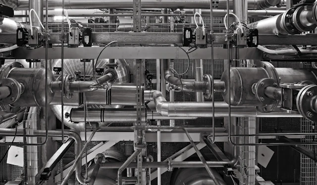 Network of industrial metal pipes and valves