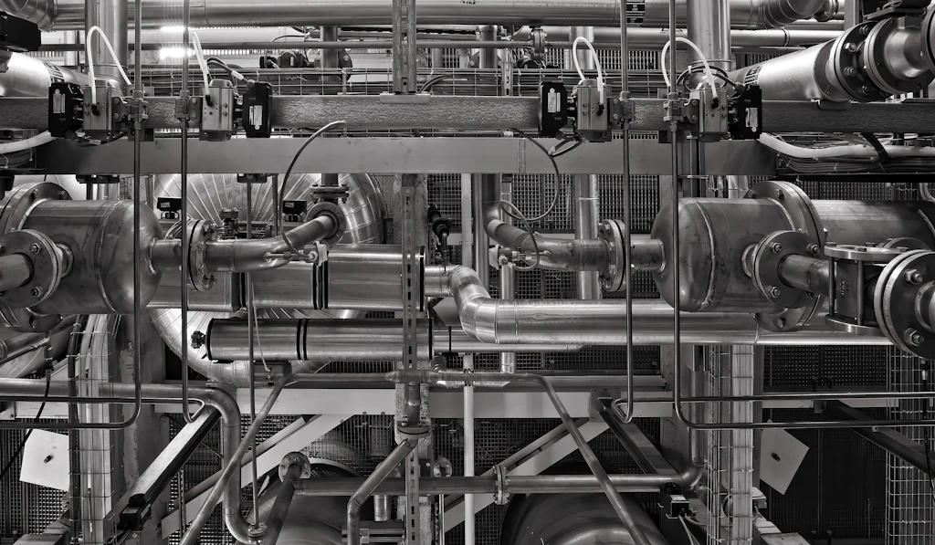 Red de tuberías y válvulas metálicas en una instalación industrial