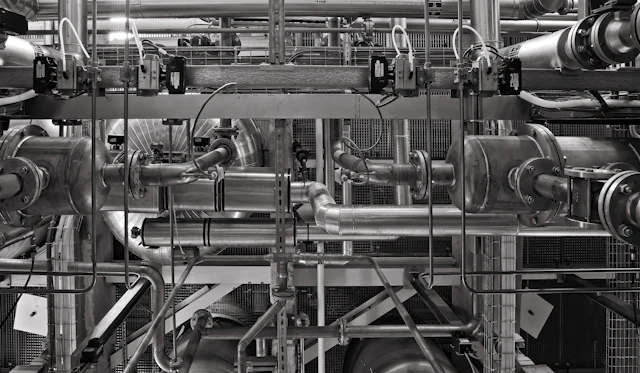 Red de tuberías y válvulas metálicas en una instalación industrial