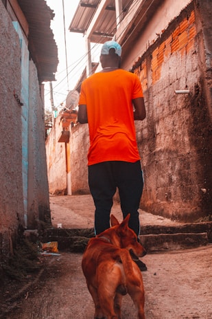 A person wearing an orange shirt and a white cap walks in an alleyway between concrete and brick walls. They are accompanied by a brown dog following closely behind. Utility wires and pipes are visible along the walls.
