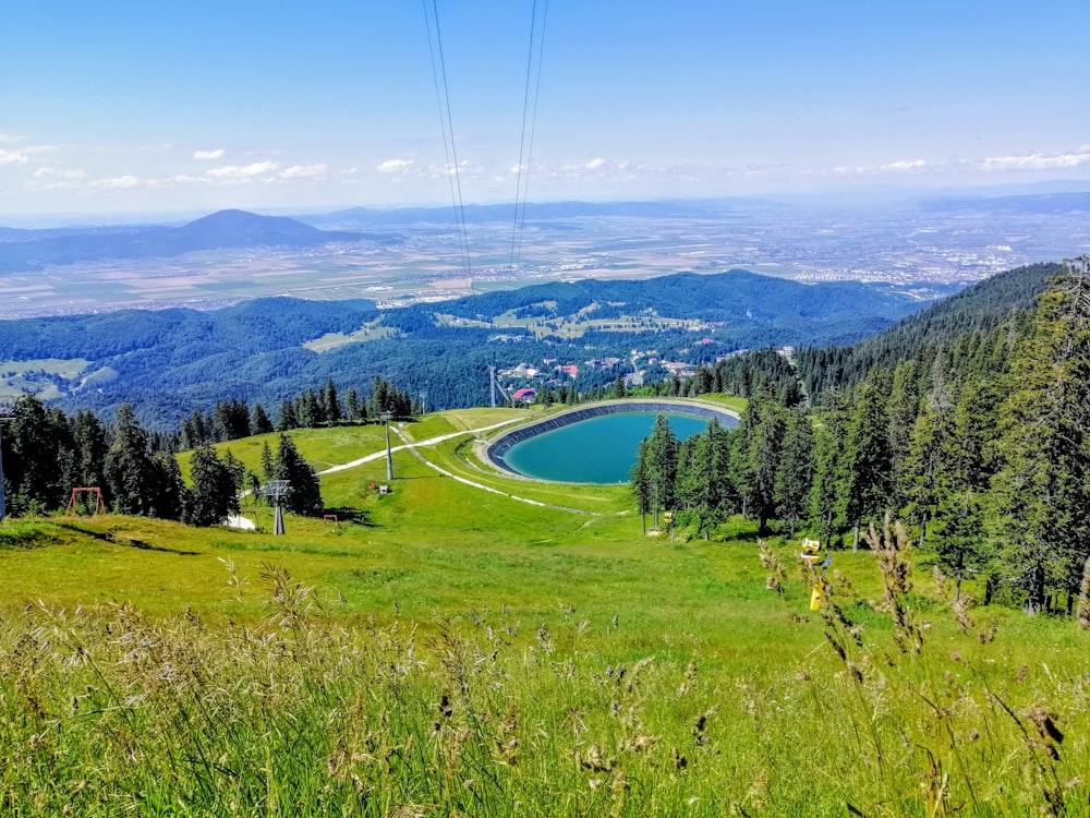 green grass field near lake under blue sky during daytime