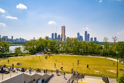 A park with a large grassy area where people are walking, sitting, and playing. Trees surround the park and there is a river visible in the background. The city's skyline with modern high-rise buildings is also prominently visible, with a bright blue sky overhead and a few scattered clouds.