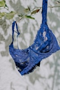 blue lace brassiere on white textile