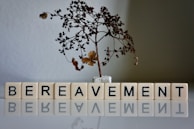 A dried and leafless small tree is placed in a small white pot. Below the tree, letter blocks spell out the word 'BEREAVEMENT' and their reflection is visible on the surface beneath them.