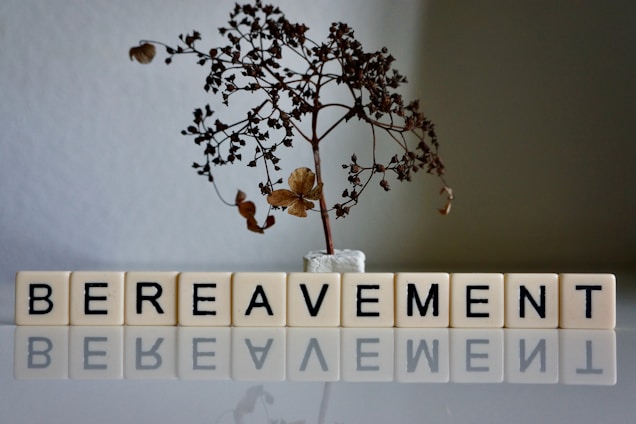 A dried and leafless small tree is placed in a small white pot. Below the tree, letter blocks spell out the word 'BEREAVEMENT' and their reflection is visible on the surface beneath them.