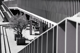 A black and white image showcasing an architectural scene with modern linear design elements, including a balcony or terrace lined with vertical beams. The area features staircases to the left and potted trees, adding an element of nature to the concrete setting.