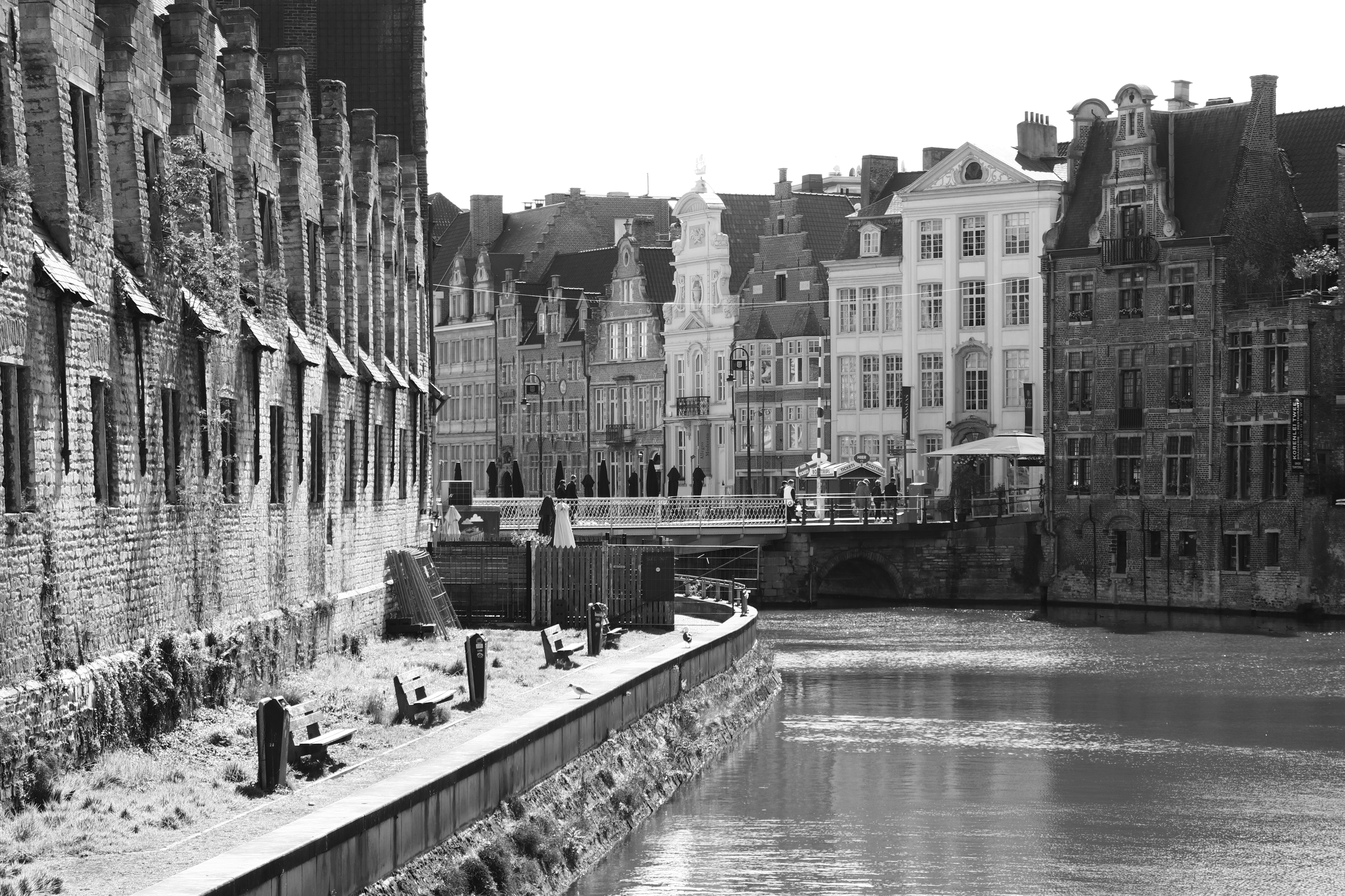 grayscale photo of river between buildings, 