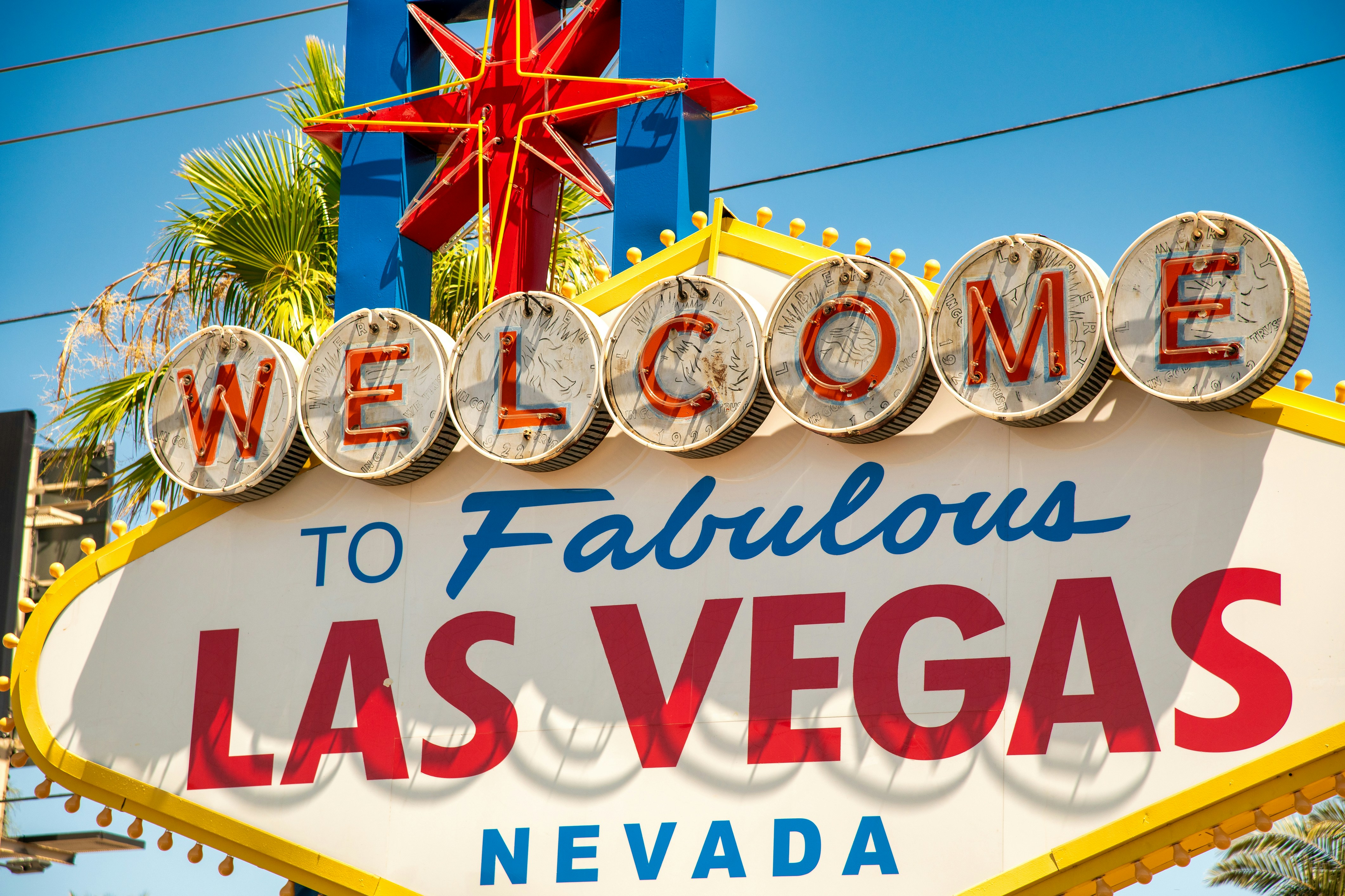 Welcome To Las Vegas road sign in Las Vegas on a sunny day, Nevada - USA