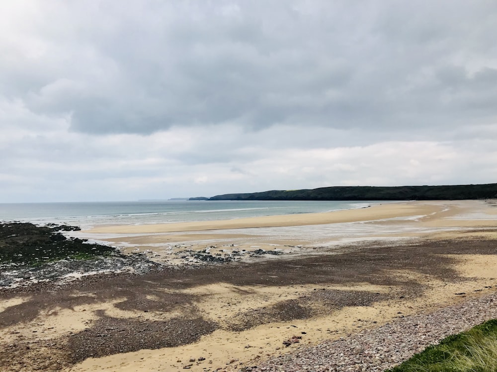 brown sand near body of water under cloudy sky during daytime