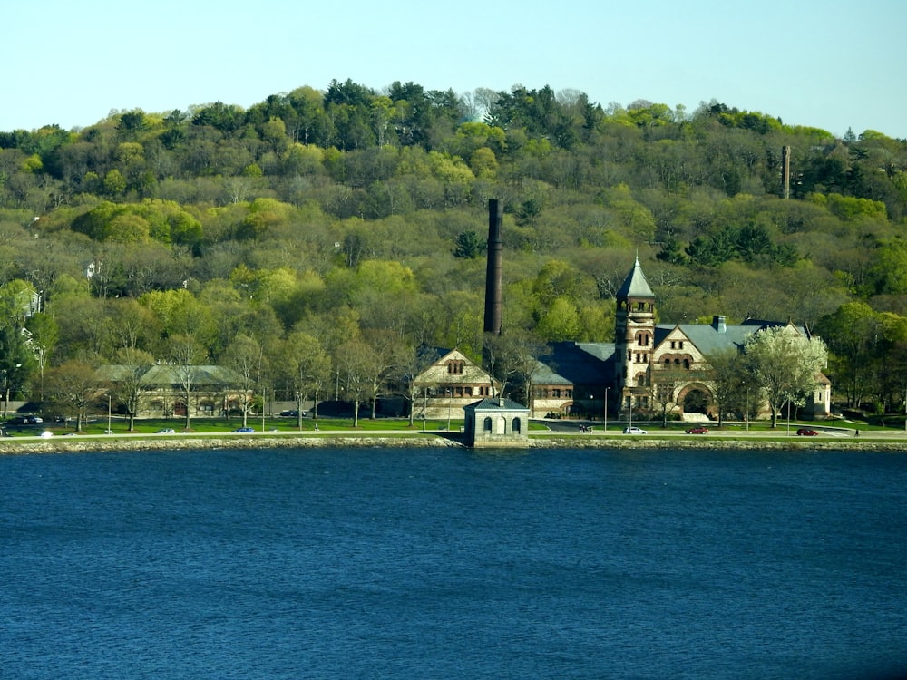 white and brown house near green trees and body of water during daytime