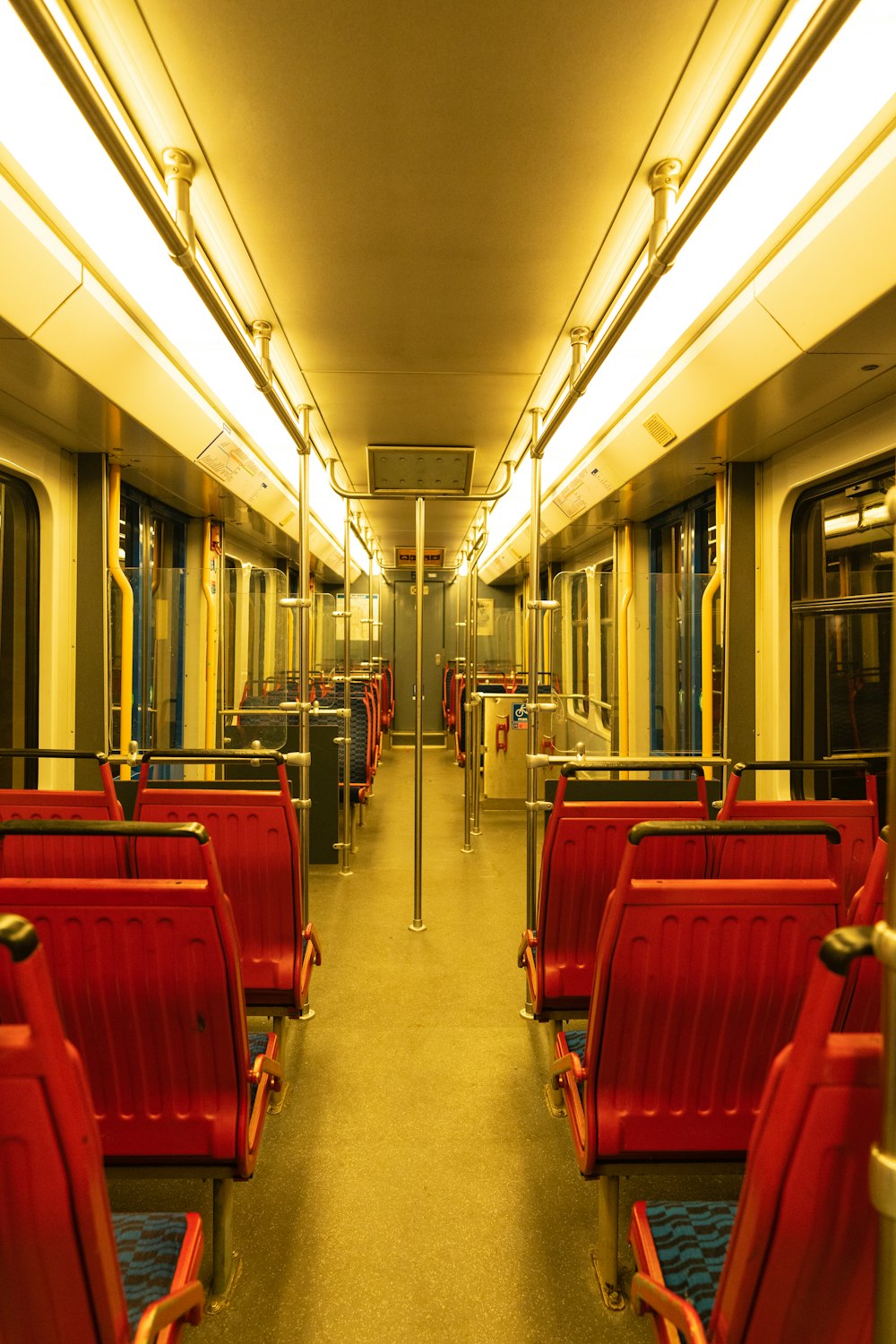 red and white train seats