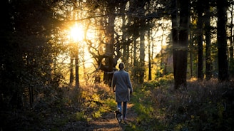 woman in gray coat walking on forest during daytime