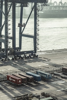 A large industrial shipping port with cranes towering over a wide area. Multiple cargo containers are neatly arranged on the ground, with some labeled with brand names. The background includes a body of water with large ships, contributing to a busy and industrious atmosphere.