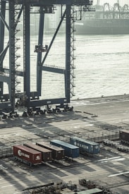 A large industrial shipping port with cranes towering over a wide area. Multiple cargo containers are neatly arranged on the ground, with some labeled with brand names. The background includes a body of water with large ships, contributing to a busy and industrious atmosphere.