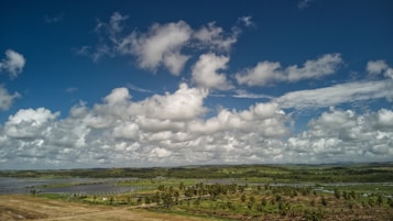 Expansive landscape with lush green fields and palm trees under a vast blue sky filled with fluffy white clouds. Farmlands and water bodies are visible in the distance, creating a serene and open countryside view.