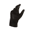 A black leather glove positioned in a slightly open grasping gesture against a plain white background. The glove appears smooth and shiny, suggesting a high-quality material.