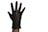 A black leather glove is being worn on an outstretched hand against a plain white background. The fingers of the glove are spread apart elegantly.