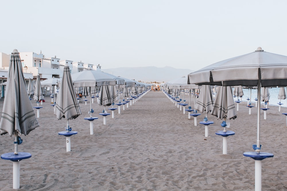 parasols blancs et bleus sur la plage pendant la journée