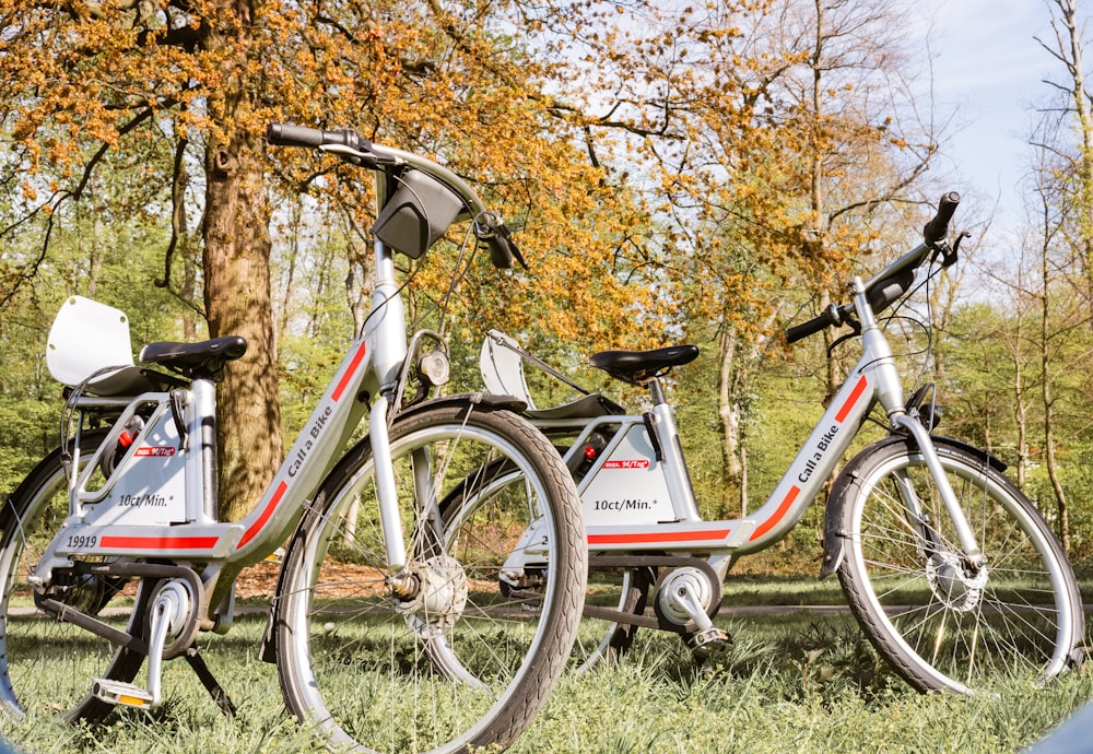 red and white bicycle on green grass field