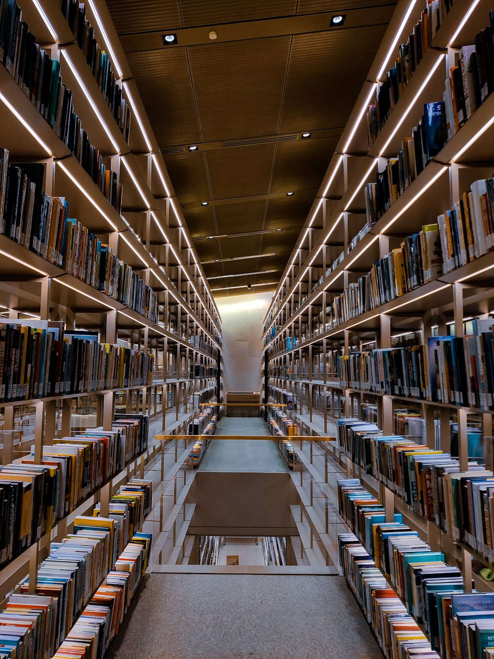 brown wooden book shelves in library