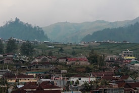 A rural landscape featuring a collection of small houses with red and brown roofs scattered across a hilly area. In the background, green terraced fields ascend into forested hills shrouded in mist. The atmosphere appears peaceful and rustic, with trees interspersed among the buildings.