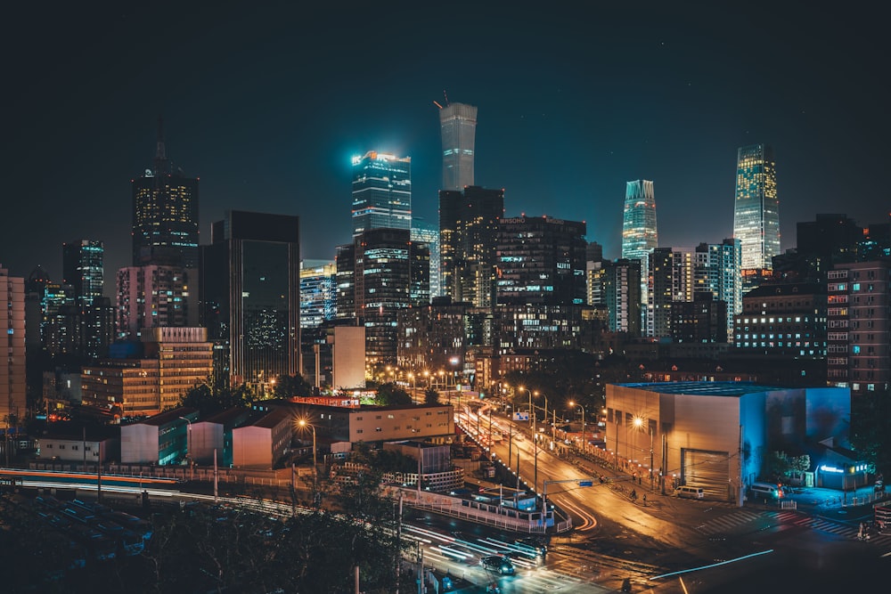 city skyline during night time