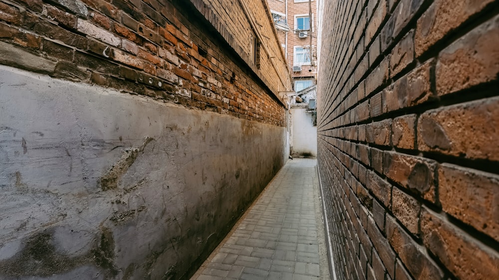 gray concrete pathway between brick walls