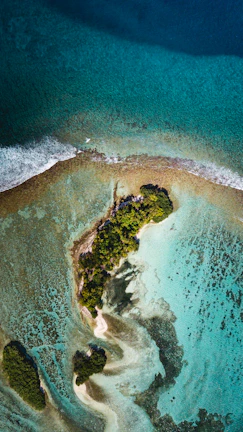 Aerial shot of a tropical island surrounded by turquoise waters.