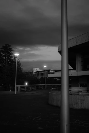 A striking black-and-white still from a moody urban film scene, capturing a lone figure under a streetlamp.
