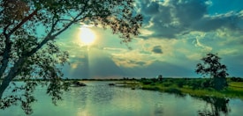 The image features a serene landscape with a large body of water in the foreground, reflecting the vibrant colors of the sky. Sunlight breaks through the clouds, creating a dramatic effect and illuminating the scene. Tall trees frame the image on both sides, adding depth and natural beauty.
