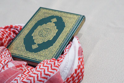 green and gold book on red and white textile